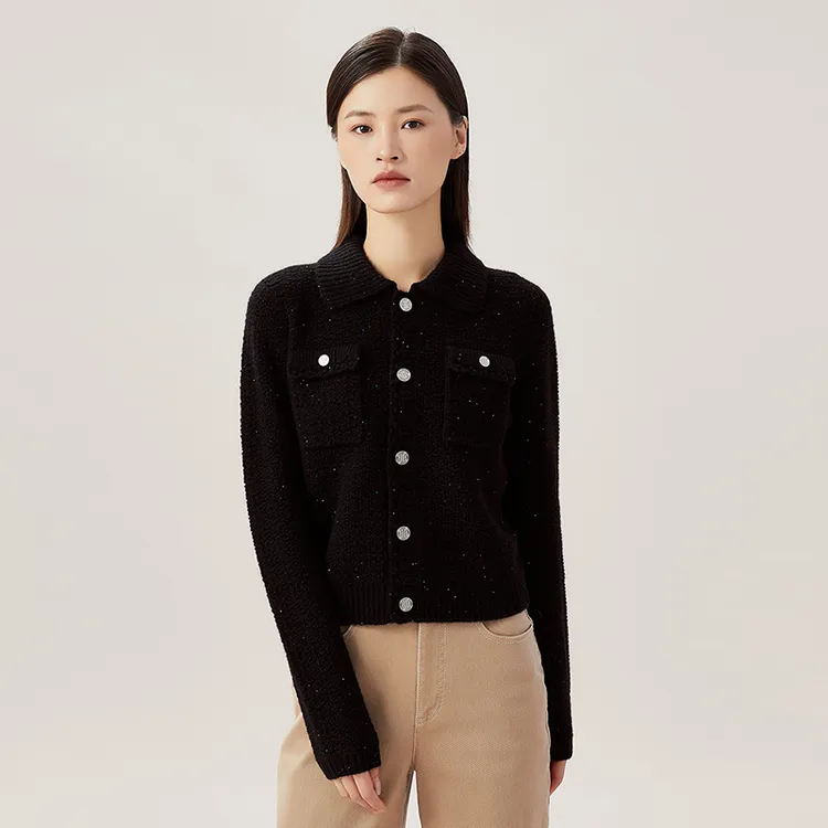 阿玛施AMASS新款羊毛优雅千金小香风显瘦翻领长袖针织外套5499168