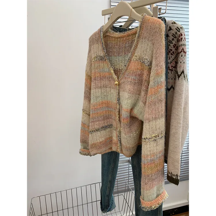 小香风条纹v领长袖针织毛衣开衫外套女2025新款慵懒风宽松高级感