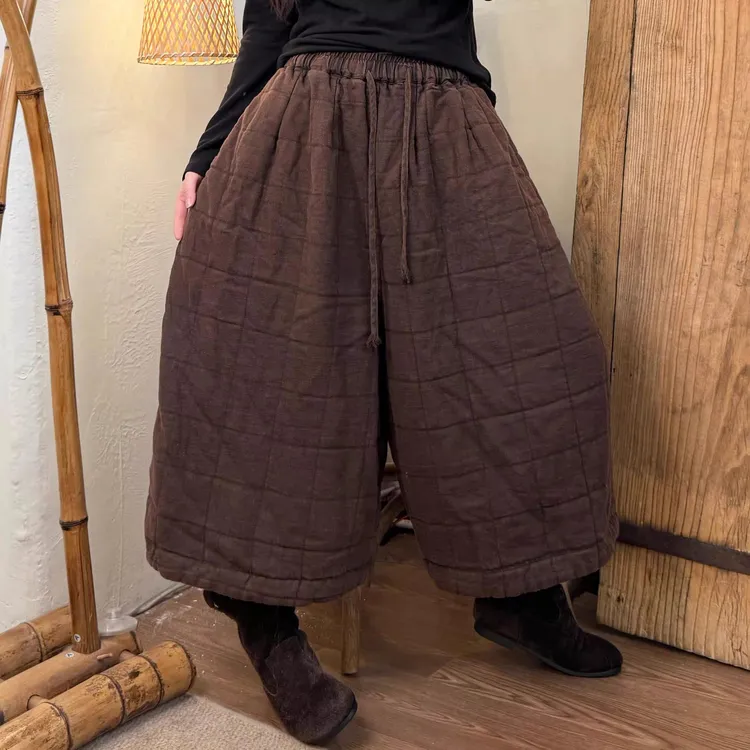 秋冬新款重工炒色做旧方格压线宽松百搭薄棉裤长86臀围144