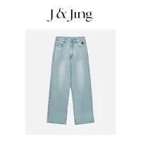 J&Jing-「小个子版-直筒小熊」-刺绣百搭显瘦浅蓝牛仔裤DHs81309