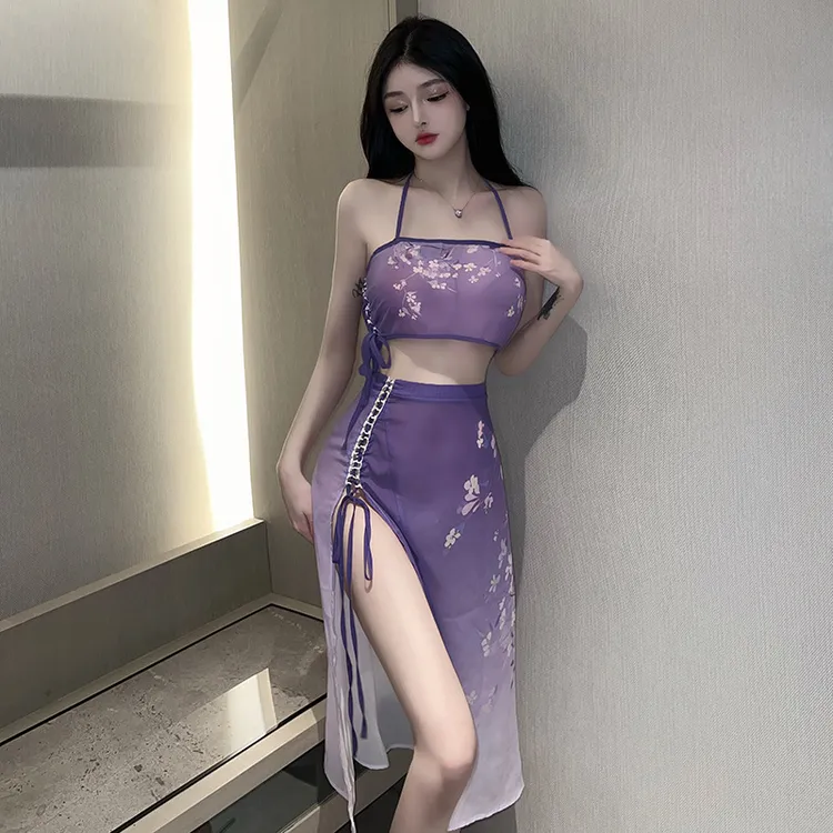 复古西域新款家居服气质汉服古典风睡衣显瘦包臀时尚纯欲蓝色印花