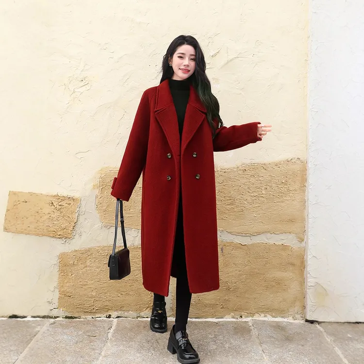 大码女装新年宽松毛呢大衣胖mm中长款秋冬结婚红色显瘦呢子外套女