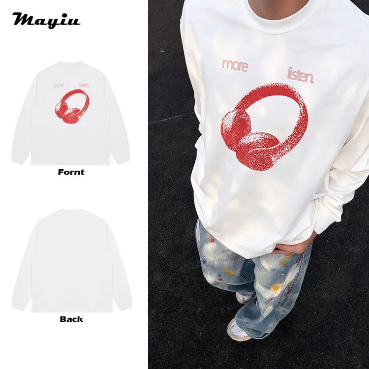 大耳机字母宽松vintage潮牌秋季嘻哈复古印花圆领T恤男女长袖上衣