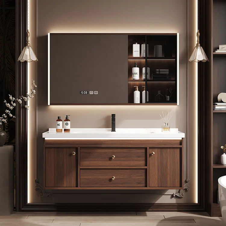 新中式胡桃木浴室柜组合中古风卫生间一体盆洗手洗漱台洗脸盆柜