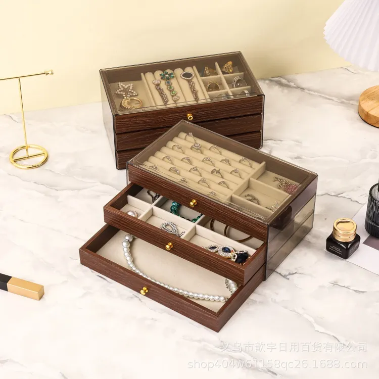 胡桃木首饰收纳盒绒布耳环项链手串防氧化新款大容量桌面展示盒子