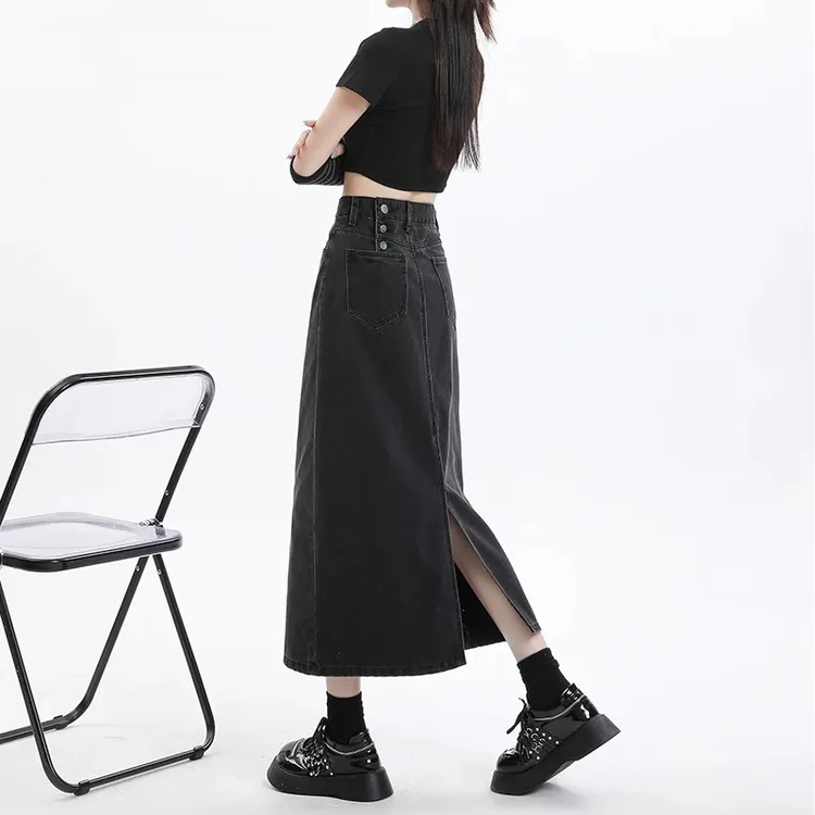 复古开叉直筒牛仔半身裙女春秋新款高腰显瘦黑色中长款a字包臀裙