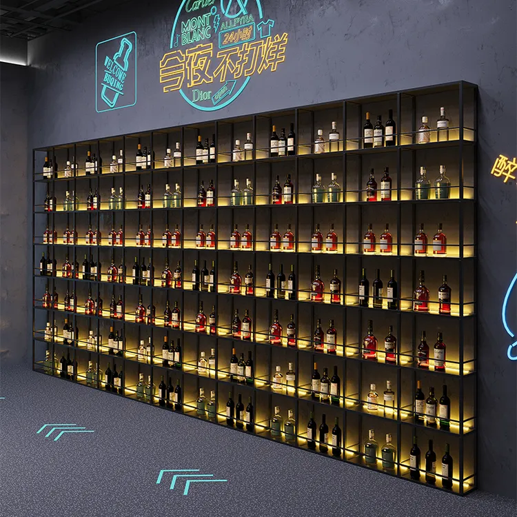 餐厅铁艺隔断酒架装饰酒吧吧台壁挂落地发光红酒啤酒柜置物展示架
