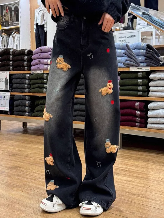小狗刺绣黑灰色加绒牛仔裤女小个子胖mm显瘦直筒裤梨形身材阔腿裤