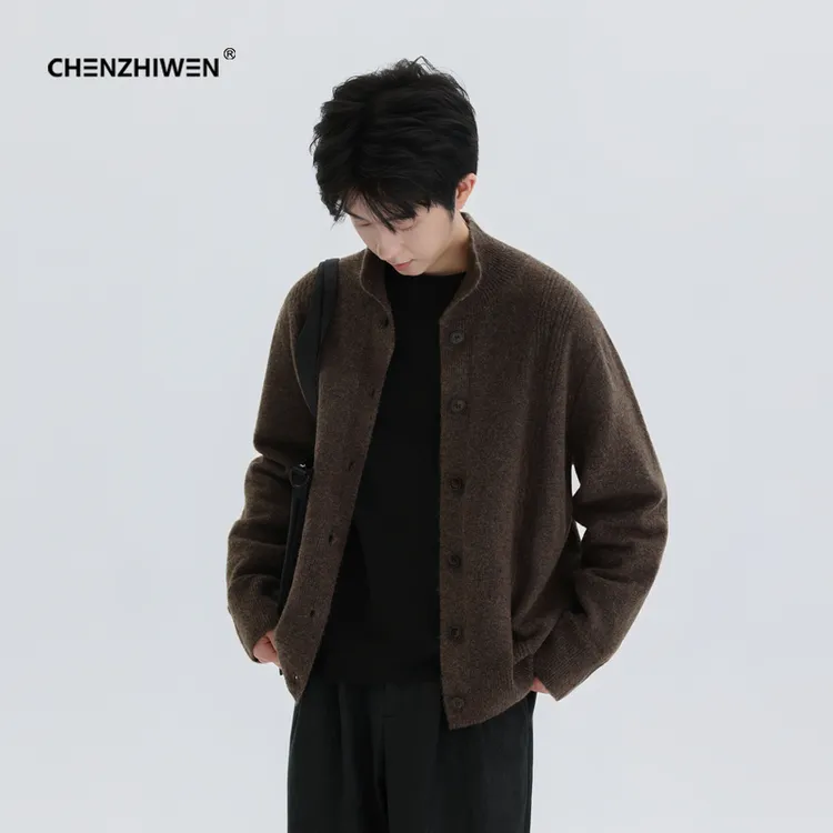 陈智文羊毛混纺秋冬季新款毛线衣开衫针织衫立领毛衣外套上衣男士