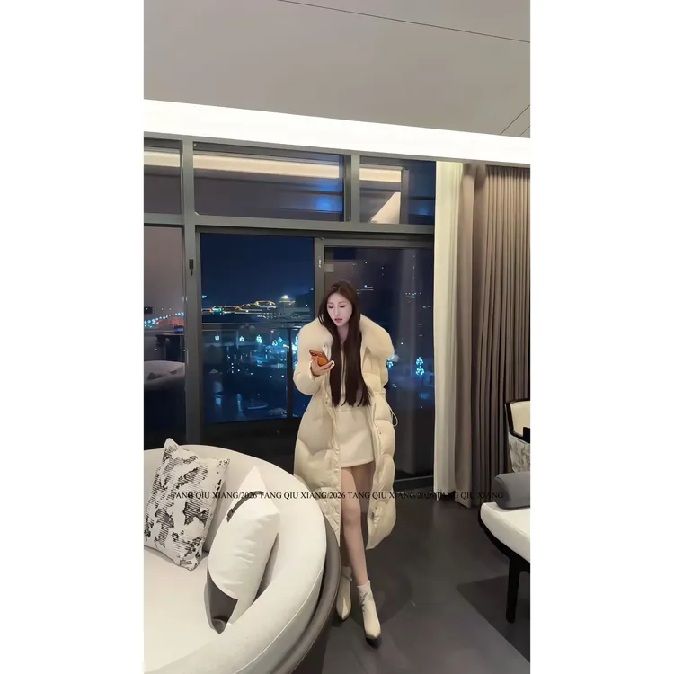 【冬日蜜语】新款时尚收腰保暖大毛领白鸭绒长款羽绒外套