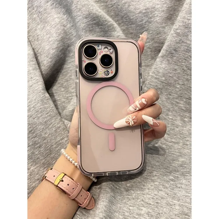 ins风简约透明粉磁吸壳适用iPhone16promax不撞壳15pro苹果壳14pr
