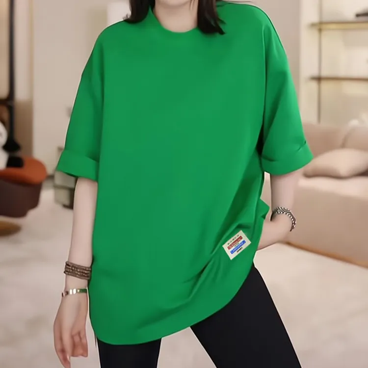 网红洋气炸街女装大版宽松休闲绿色短袖T恤女中袖百搭时尚中长款