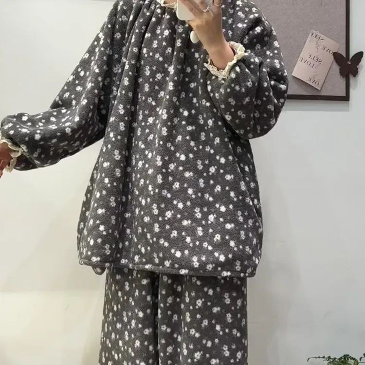 韩版慵懒风秋款米粒绒春秋季家居服套装