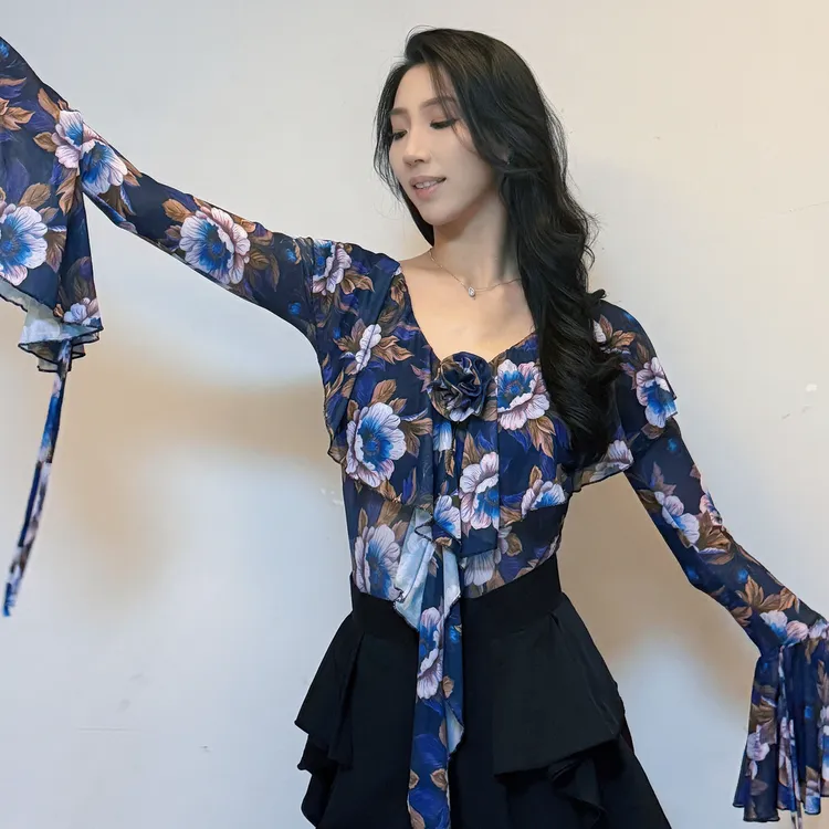 Laila摩登舞服新款上衣《浪漫矢野》秋冬兰花高弹长袖摩登练习服