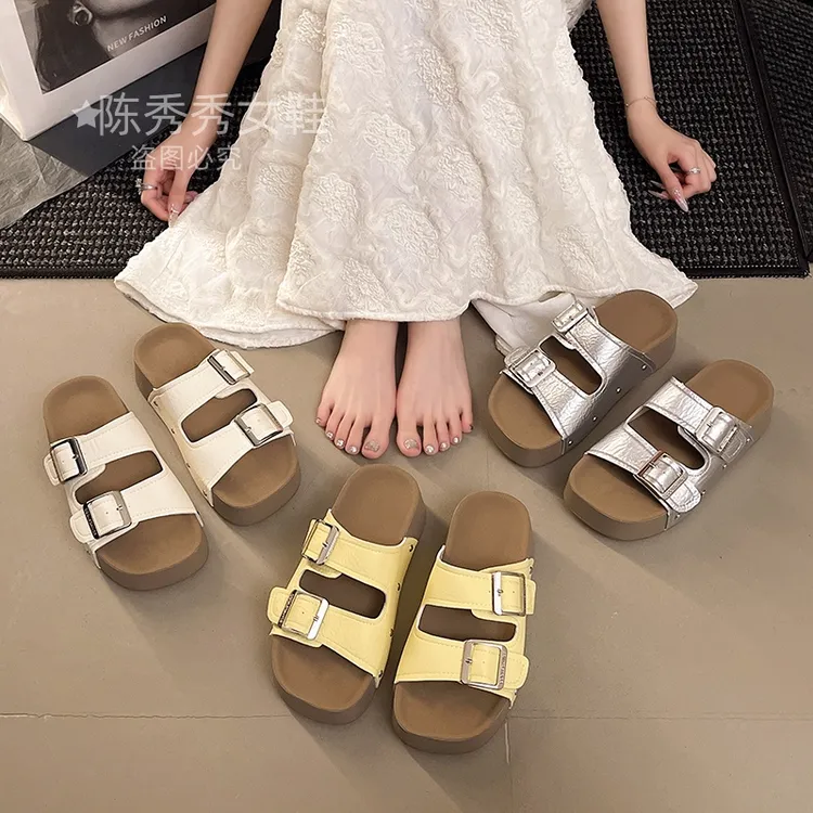 【陈秀秀女鞋】5CM厚底勃肯拖女夏外穿皮面一字拖新款休闲时尚拖鞋i