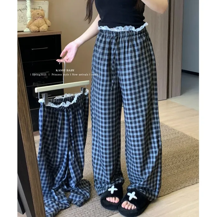 慵懒风蕾丝拼接休闲裤阔腿裤女春季高腰格纹直筒裤拖地裤百搭裤子