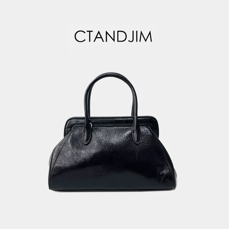 CTANDJIM精致小巧夹子包  小众黑色头层油蜡手提包 斜挎包