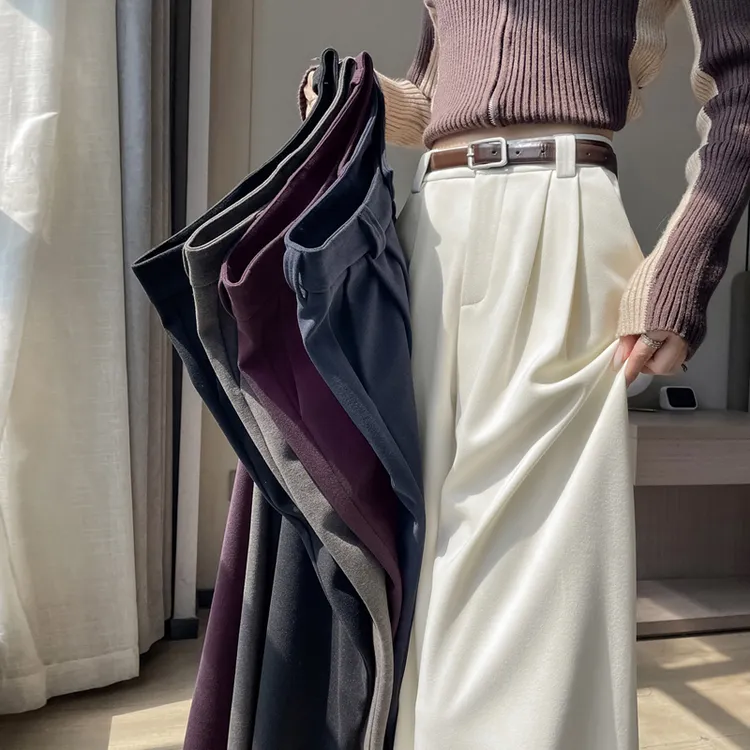 杏色加绒毛呢阔腿裤女秋冬2025新款高腰垂感加厚窄版小个子西装裤