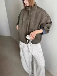 8908时尚立领拼格子短外套宽松上衣（衣长55）