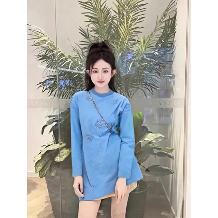 蓝色长袖t恤女205秋季新款欧货时尚宽松洋气百搭设计感中长款上衣