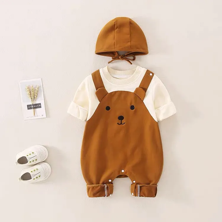 春秋纯棉婴儿连体衣假两件新生儿哈衣爬服0-12幼儿外出服超萌炸街