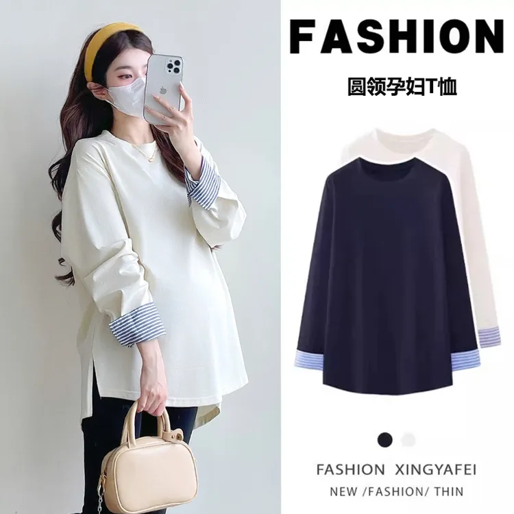 孕妇衬衫条纹袖假两件上衣秋装宽松中长款遮屁股长袖网红款T恤女