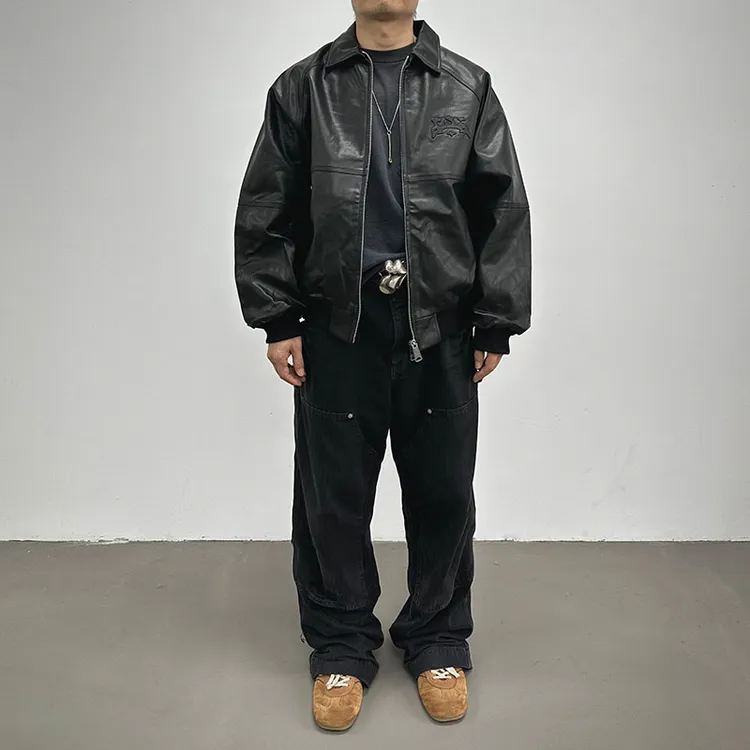 Defilemag 2025SS复古皮衣潮时尚压花情侣翻领宽松休闲皮衣外套