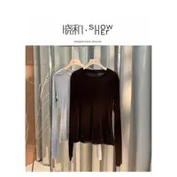  SHOW HER【灰巧】圆领老钱风休闲风常规宽松型T恤休闲女士黑色长袖