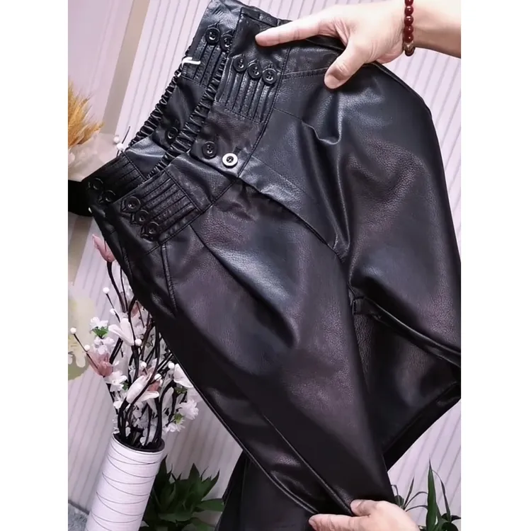 秋季新款高腰多扣PU百搭洋气女裤