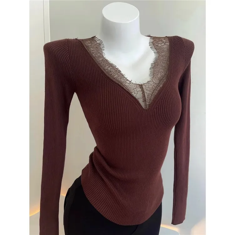 MCREAM SHO纯欲深V领拼接蕾丝花边上衣 修身显瘦性感针织打底衫女