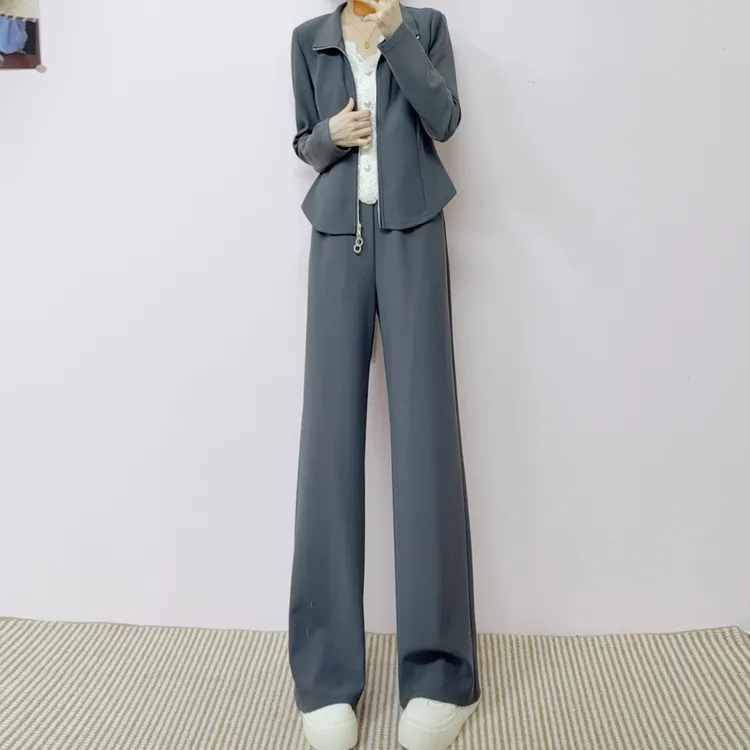 175时尚百搭蕾丝拼接上衣+休闲直筒阔腿裤两件套套裤26M1175/GP