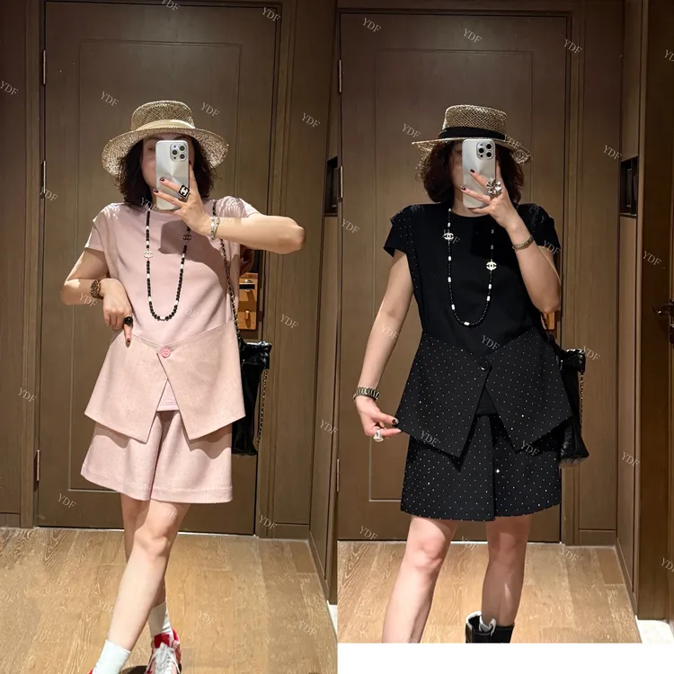 YDFSTUDIO小众【北欧假期】欧货高品烫钻设计时尚百搭上衣+短裤套装