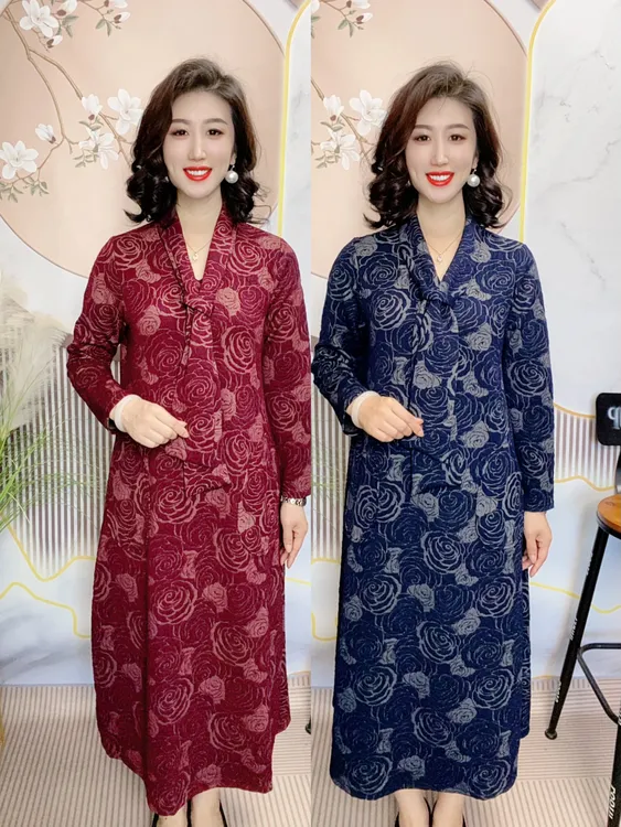【沐丹阁】秋季新款围巾领长袖大美裙时尚显瘦遮肉宽松提花连衣裙