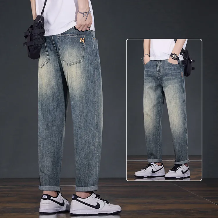 潮流轻奢高品质宽松直筒莱赛尔牛仔裤男ins帅气复古百搭时尚9分裤