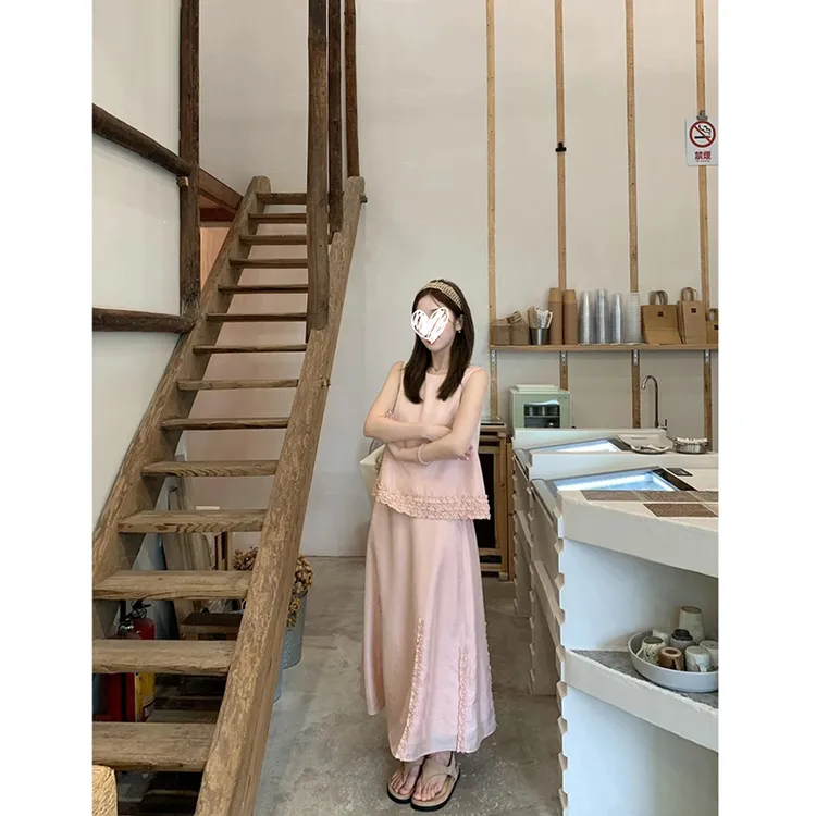 【可露丽甜心】夏季新款花边拼接无袖背心A字长款半裙两件套