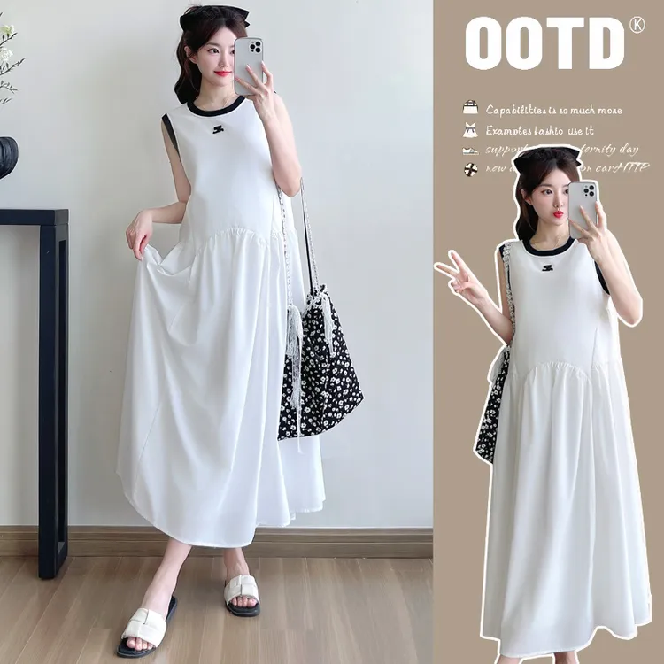 时髦孕妇装新款夏季宽松遮肉显瘦过膝夏天洋气时尚圆领无袖连衣裙