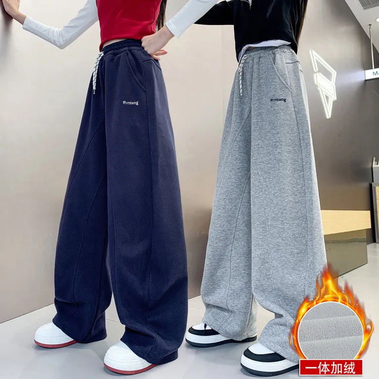 女童加绒运动裤2025新款儿童一体绒弯刀裤女孩卫裤女大童阔腿裤子