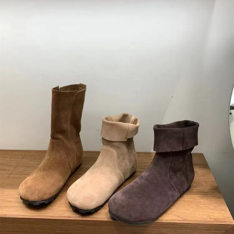 好乖呀！秋夏复古短筒靴芒果头堆堆靴厚底勃肯短靴法式驼色靴子女