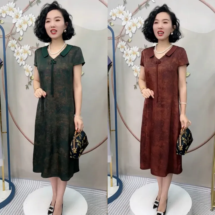 829高端中老年妈妈真丝连衣裙夏季新款国风短袖遮肉显瘦旗袍长裙