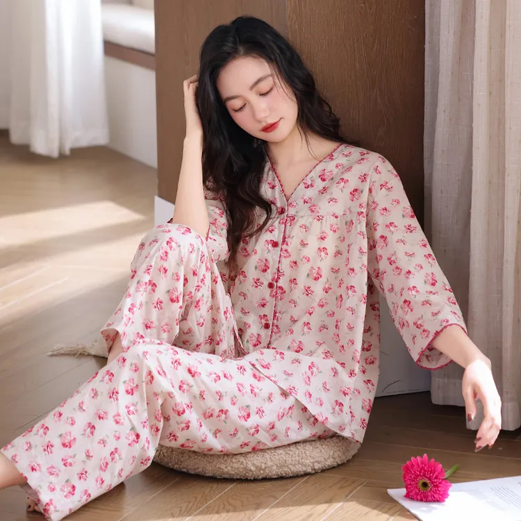 2025新款全棉睡衣女七分袖开衫夏季纯棉宽松薄款柔软家居服套装