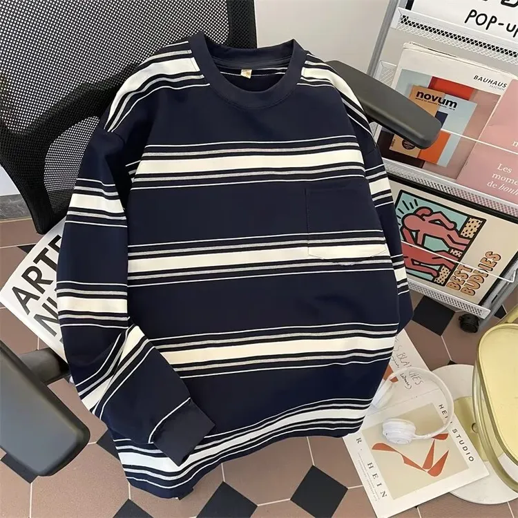 美式复古纯棉条纹打底衫藏青色秋季日系宽松休闲圆领套头长袖上衣