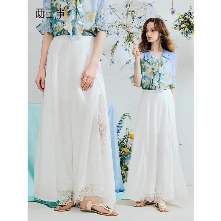 两三事绡羽流光2025夏季新款复古蕾丝拼接高腰阔腿裤女宽松休闲裤