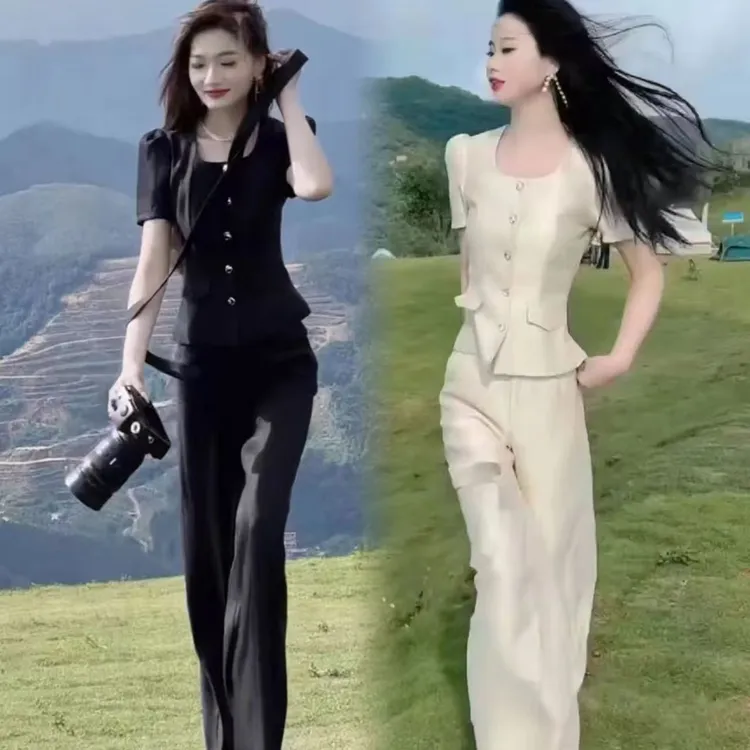 温柔气质千金时尚套装2025年春夏新款字领短袖修身上衣微喇裤套装