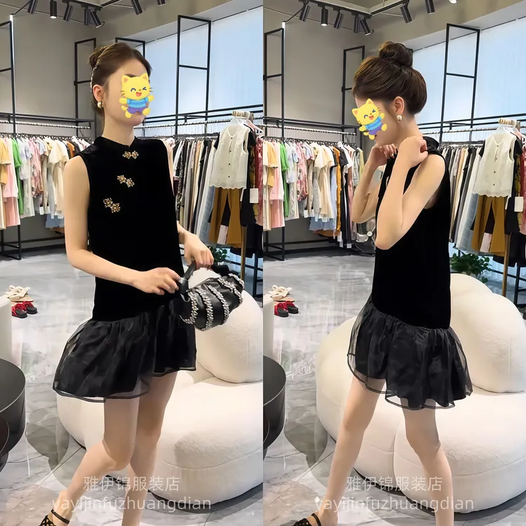 新中式黑色拼接网纱连衣裙女2025夏新款活力感无袖背心国风裙子