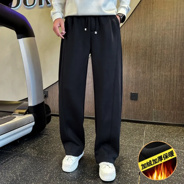 时尚百搭加绒卫裤男士宽松直筒运动裤冬季加厚保暖男款宽松休闲裤