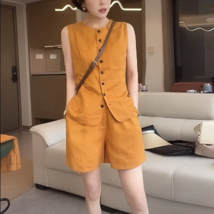 老钱风套装女夏季极简风休闲时尚两件套无袖马甲短裤减龄千金风潮