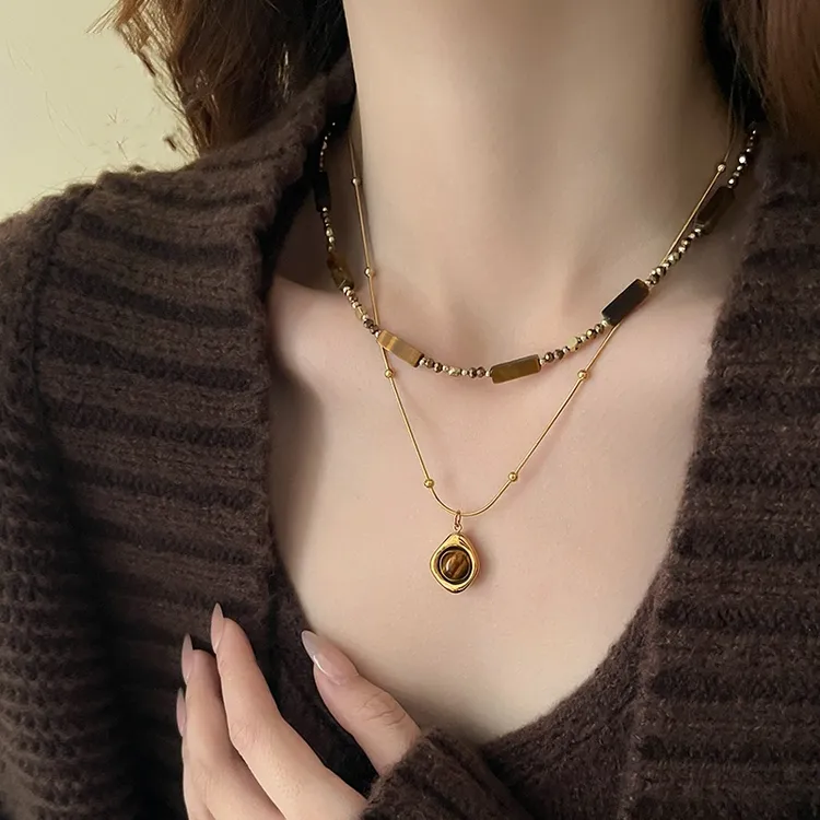钛钢项链 叠戴百搭ins气质串珠虎眼石项链女复古锁骨链高级感配饰