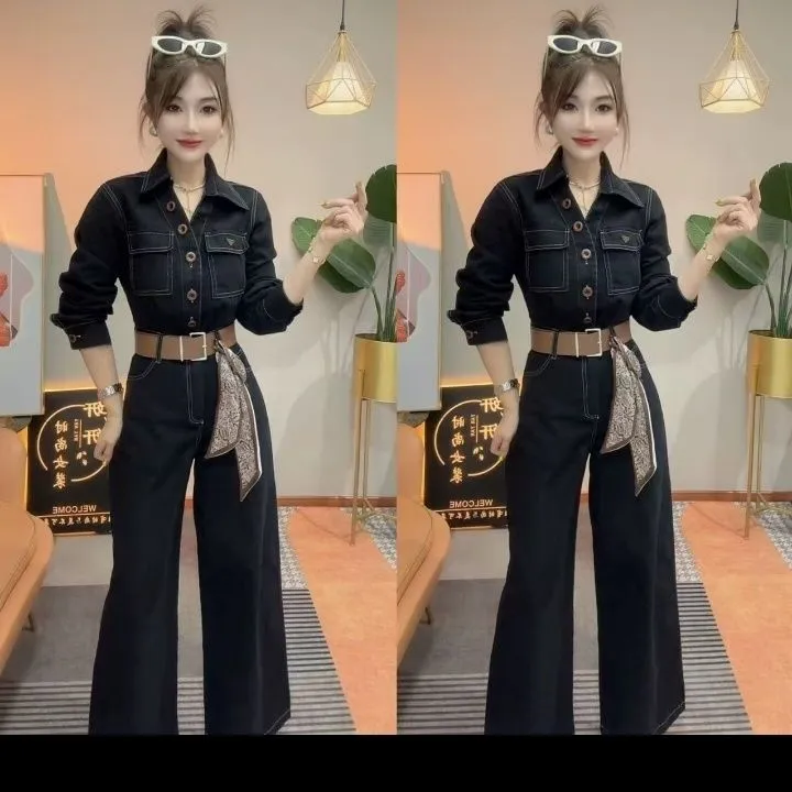 复古气质长袖连体裤女2025春秋新款显瘦收腰时尚炸街牛仔洋气女款