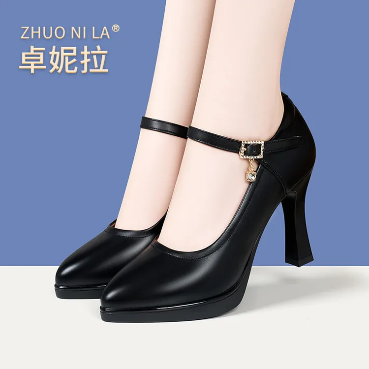 真皮旗袍走秀高跟鞋粗跟厚底浅口单鞋高跟鞋女2025爆款黑色高跟鞋