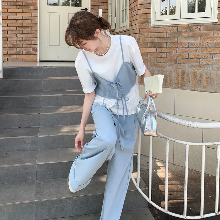 蓝色吊带马甲阔腿裤套装女2025超火春装一整套大方得体穿搭三件套